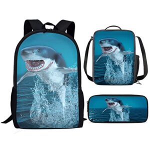 showudesigns shark backpack for boys with lunch box set elementary kids bookbag student primary school bag and lunchbag small pencil case 3 pcs blue