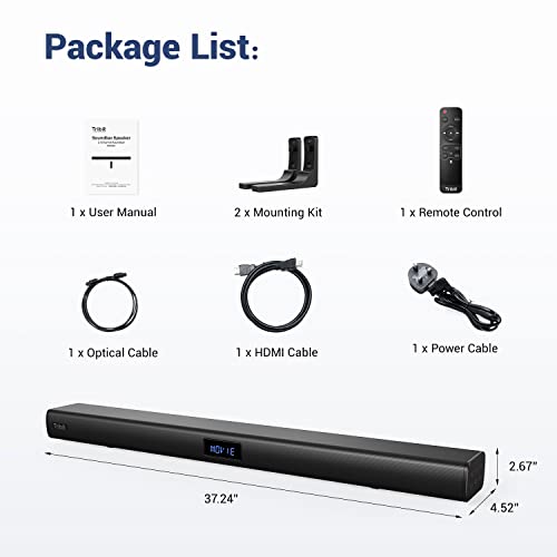 Tribit 38-inch 100W Soundbar for TV: 2.2ch with 6 Built-in Speakers, Bluetooth 5.0 or Optical/Aux/USB/HDMI Connection, 4 EQs, Home Theater System with Remote Control, Wall Mountable, LED Display