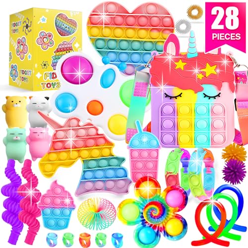 SUNNERLY Fidget Toys, 28 Pack Sensory Toy Set Bulk Stocking Stuffers Carnival Treasure Box Classroom Prizes Gifts Party Favors for Kids Adults Boys Girls, Stress Relief Anxiety Relief Autism Autistic