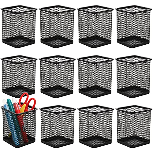 Nicunom 12 Pack Metal Pen Holder Square Mesh Pencil Holder Desk Organizer Mesh Pen Cup Pencil Cup for Desk Office Pen Organizer, Black