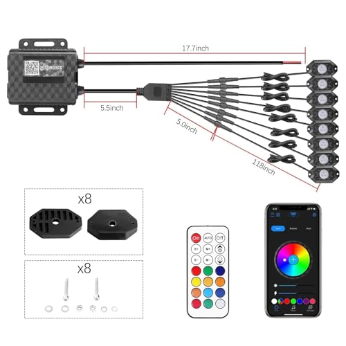 Lumimotor 8 Pods RGB LED Rock Lights Bluetooth App/Remote Control Music Voice Flashing Timing Modes Multicolor Car Underglow Light Kit for Truck Pickup UTV ATV Side by Side Golf Cart Boat