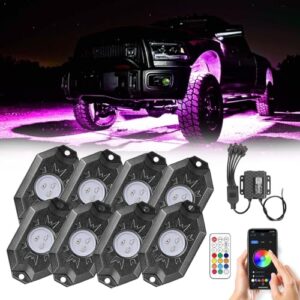lumimotor 8 pods rgb led rock lights bluetooth app/remote control music voice flashing timing modes multicolor car underglow light kit for truck pickup utv atv side by side golf cart boat