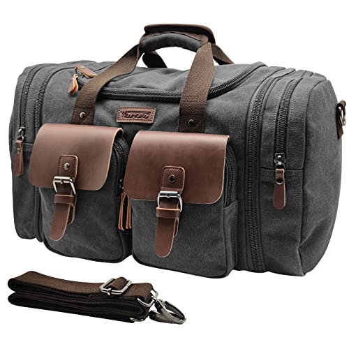 Wildroad 50L Travel Duffel Bag, Expandable Canvas Genuine Leather Duffle Bag Upgraded Overnight Weekender Bag Carry on Bag