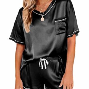 Ekouaer Satin Pajama Set Women Short Sleeve Silk Pajama Set 2 Piece Lightweight Lounge Sets with Pants Black Large