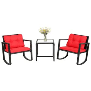 fdw wicker furniture outdoor conversation sets rattan rocking chairs with red cushions and glass coffee table for patio porch backyard balcony poolside garden