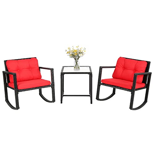 FDW Wicker Furniture Outdoor Conversation Sets Rattan Rocking Chairs with Red Cushions and Glass Coffee Table for Patio Porch Backyard Balcony Poolside Garden