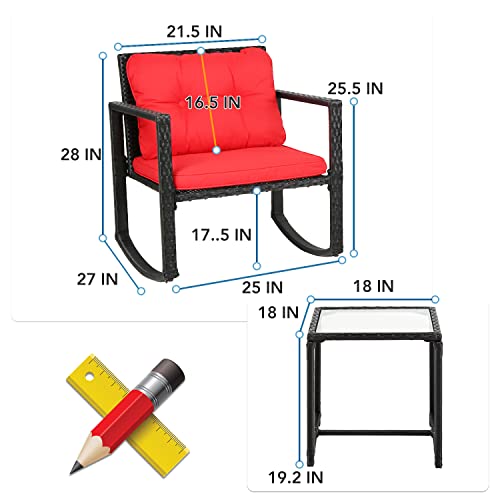 FDW Wicker Furniture Outdoor Conversation Sets Rattan Rocking Chairs with Red Cushions and Glass Coffee Table for Patio Porch Backyard Balcony Poolside Garden