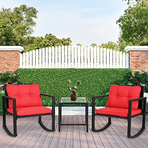 FDW Wicker Furniture Outdoor Conversation Sets Rattan Rocking Chairs with Red Cushions and Glass Coffee Table for Patio Porch Backyard Balcony Poolside Garden