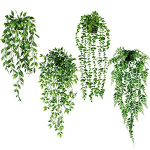 jpsor 4pcs artificial hanging plants, fake hanging plants potted greenery faux persian fern fake plants in pot for wall room patio office table shelf decor