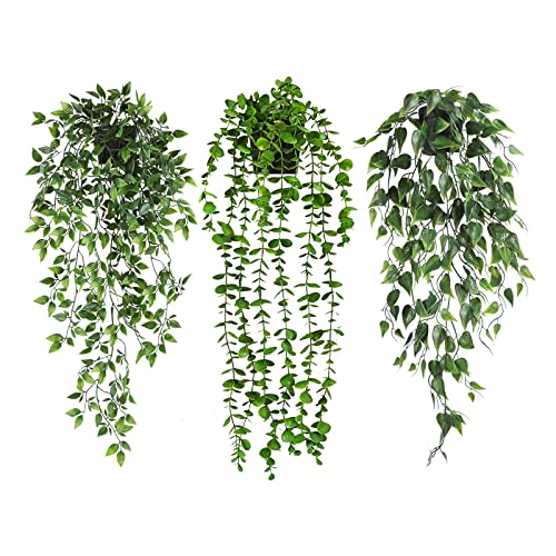 JPSOR 3pcs Fake Hanging Plants, Artificial Hanging Plants Kit, Potted Greenery Faux Eucalyptus Vine Golden Pothos Mandala Vine in Black Pot for Wall Room Patio Office Table Decor