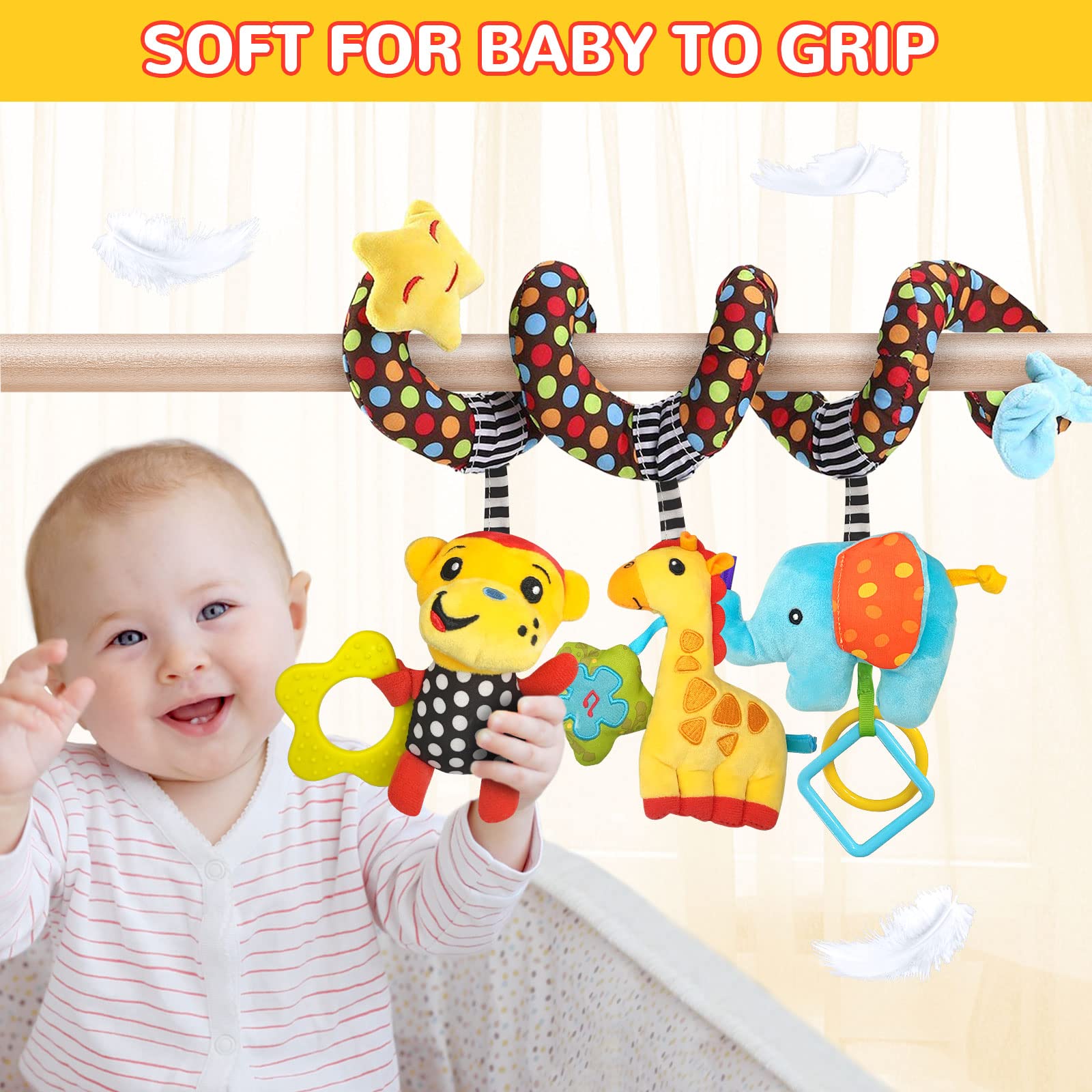 Car Seat Toys Baby Toys 0-3 Months Infant Toys, Newborn Toys Baby Spiral Stroller Toys, Baby Toys 0-6 Months for Crib Mobile Bassinet with Music Rattles Teether for 0 3 6 9 12 Boys Girls (2 Velcro)