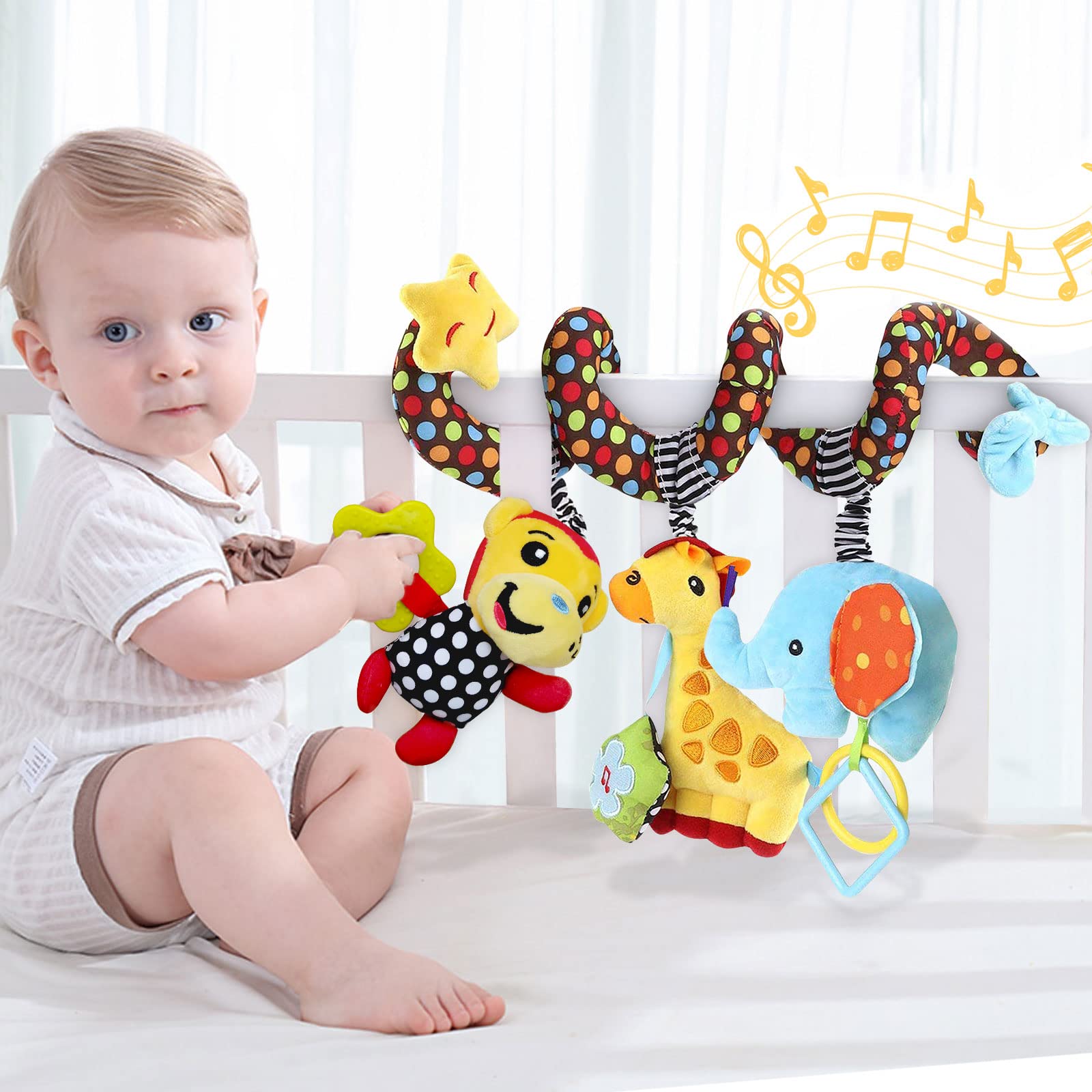 Car Seat Toys Baby Toys 0-3 Months Infant Toys, Newborn Toys Baby Spiral Stroller Toys, Baby Toys 0-6 Months for Crib Mobile Bassinet with Music Rattles Teether for 0 3 6 9 12 Boys Girls (2 Velcro)