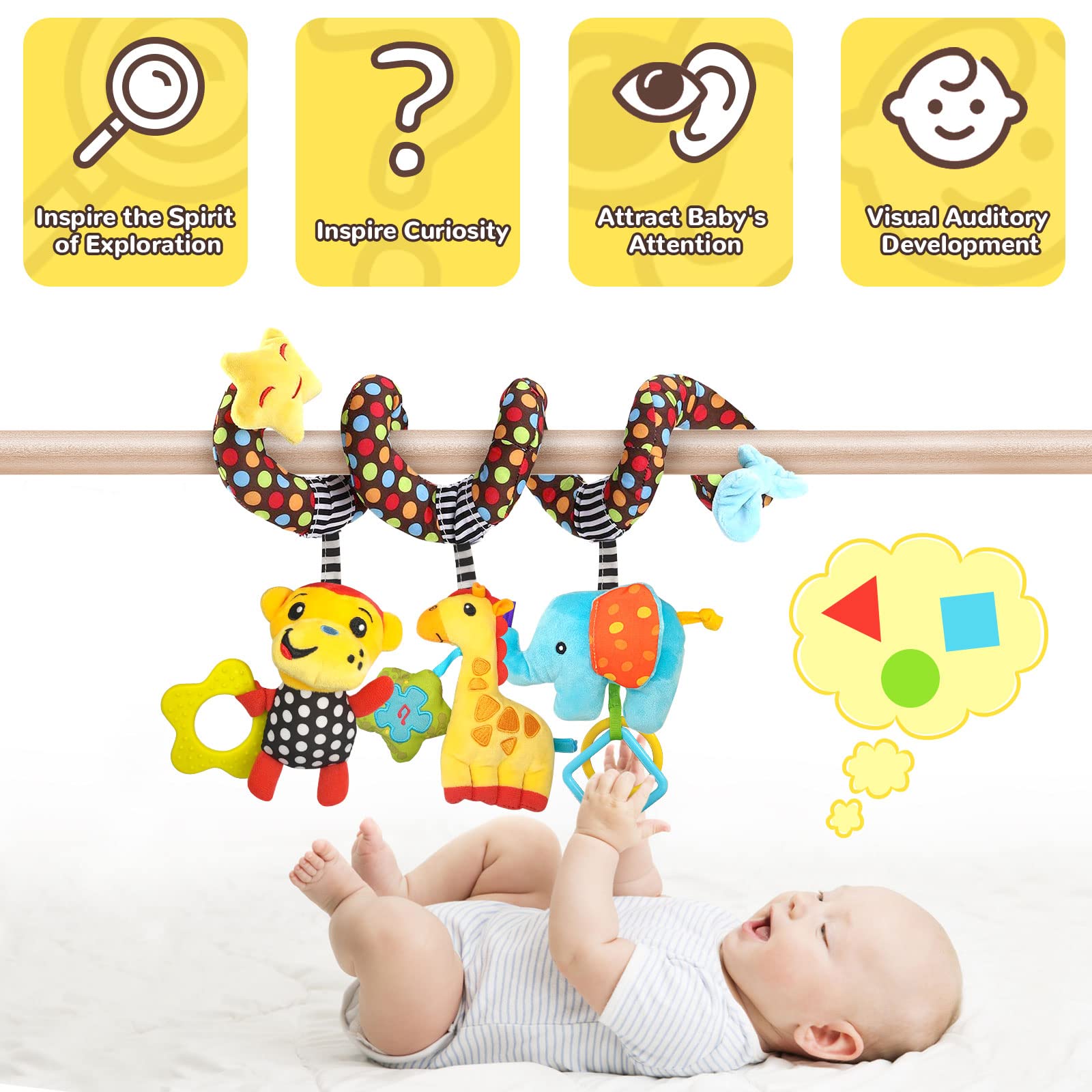 Car Seat Toys Baby Toys 0-3 Months Infant Toys, Newborn Toys Baby Spiral Stroller Toys, Baby Toys 0-6 Months for Crib Mobile Bassinet with Music Rattles Teether for 0 3 6 9 12 Boys Girls (2 Velcro)