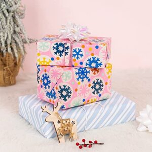 MAYPLUSS Christmas Reversible Wrapping Paper Jumbo Roll - 30 Inches x 100 Feet - Pink Snowflakes and Blue Stripe Design