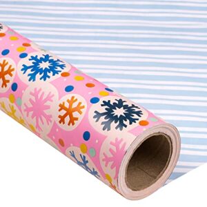 maypluss christmas reversible wrapping paper jumbo roll - 30 inches x 100 feet - pink snowflakes and blue stripe design