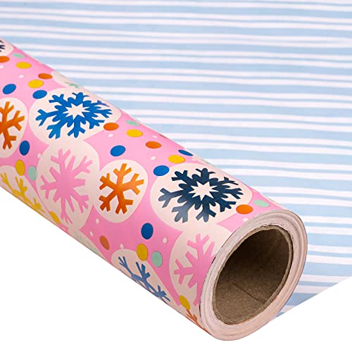 MAYPLUSS Christmas Reversible Wrapping Paper Jumbo Roll - 30 Inches x 100 Feet - Pink Snowflakes and Blue Stripe Design