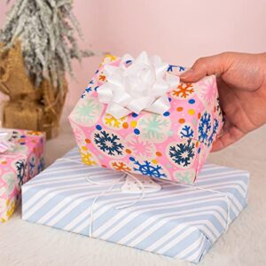 MAYPLUSS Christmas Reversible Wrapping Paper Jumbo Roll - 30 Inches x 100 Feet - Pink Snowflakes and Blue Stripe Design