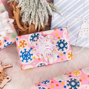 MAYPLUSS Christmas Reversible Wrapping Paper Jumbo Roll - 30 Inches x 100 Feet - Pink Snowflakes and Blue Stripe Design