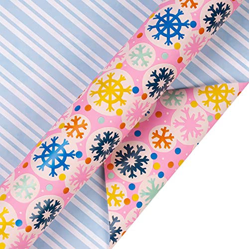 MAYPLUSS Christmas Reversible Wrapping Paper Jumbo Roll - 30 Inches x 100 Feet - Pink Snowflakes and Blue Stripe Design