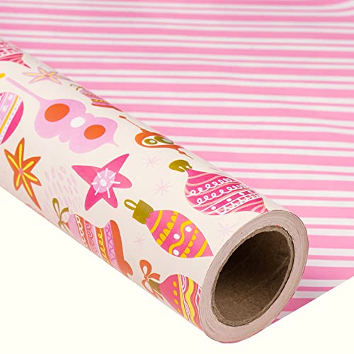 MAYPLUSS Christmas Reversible Wrapping Paper - Mini Roll - 17 Inch X 32.8 Feet- Pink Design (47.3 sq.ft.ttl)