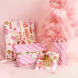 MAYPLUSS Christmas Reversible Wrapping Paper - Mini Roll - 17 Inch X 32.8 Feet- Pink Design (47.3 sq.ft.ttl)