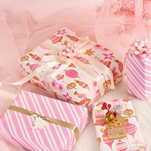 MAYPLUSS Christmas Reversible Wrapping Paper - Mini Roll - 17 Inch X 32.8 Feet- Pink Design (47.3 sq.ft.ttl)