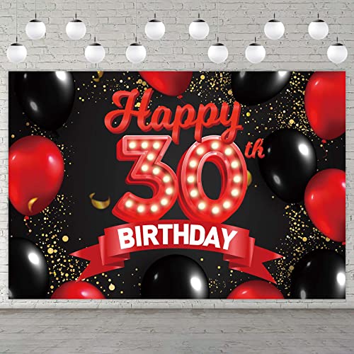 Happy 30th Birthday Red and Black Banner Backdrop Decorations Balloons Theme Decor for Girls Women Princess 30 Years Old Birthday Party Bday Photo Booth Props Supplies Background Favors Glitter Gold