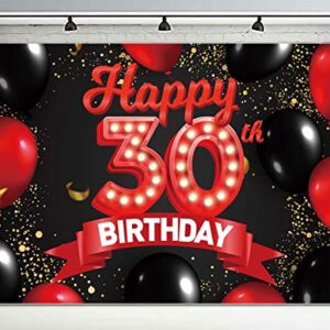 Happy 30th Birthday Red and Black Banner Backdrop Decorations Balloons Theme Decor for Girls Women Princess 30 Years Old Birthday Party Bday Photo Booth Props Supplies Background Favors Glitter Gold