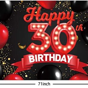 Happy 30th Birthday Red and Black Banner Backdrop Decorations Balloons Theme Decor for Girls Women Princess 30 Years Old Birthday Party Bday Photo Booth Props Supplies Background Favors Glitter Gold