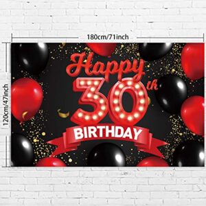 Happy 30th Birthday Red and Black Banner Backdrop Decorations Balloons Theme Decor for Girls Women Princess 30 Years Old Birthday Party Bday Photo Booth Props Supplies Background Favors Glitter Gold