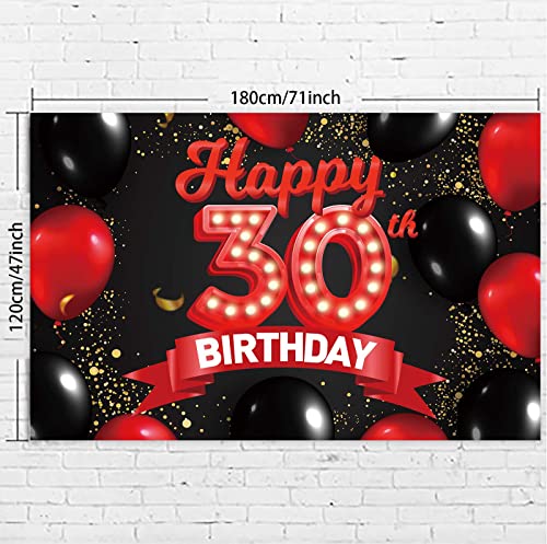 Happy 30th Birthday Red and Black Banner Backdrop Decorations Balloons Theme Decor for Girls Women Princess 30 Years Old Birthday Party Bday Photo Booth Props Supplies Background Favors Glitter Gold