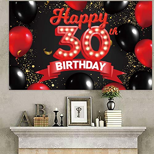 Happy 30th Birthday Red and Black Banner Backdrop Decorations Balloons Theme Decor for Girls Women Princess 30 Years Old Birthday Party Bday Photo Booth Props Supplies Background Favors Glitter Gold