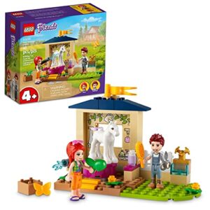 lego friends pony-washing stable 41696 horse toy with mia mini- doll, farm animal care set, gift idea for kids, girls and boys 4 plus years old