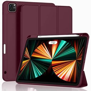 zryxal new ipad pro 12.9 inch case 2022/2021/2020(6th/5th/4th gen) with pencil holder,smart ipad case [support touch id and auto wake/sleep] with auto 2nd gen pencil charging (wine)
