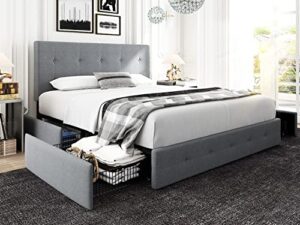 hoomic king size platform bed frame with 4 storage drawers, adjustable headboard with square stitched button tufted design, wooden slats, no box spring needed, noise free, easy assembly, light grey