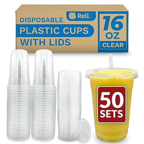 Reli. Plastic Cups with Lids, 16 oz (50 Sets) | Clear Plastic Cups with Lids | 16 oz Plastic Disposable Cups for Party, Coffee, Smoothies, To Go (16 ounce)