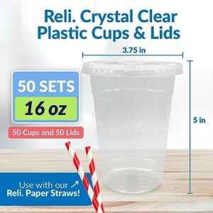 Reli. Plastic Cups with Lids, 16 oz (50 Sets) | Clear Plastic Cups with Lids | 16 oz Plastic Disposable Cups for Party, Coffee, Smoothies, To Go (16 ounce)