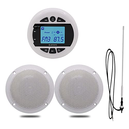 Herdio Marine Radio and Speakers Kit, Marine Gauge Head Unit Compatible with Bluetooth +4 Inch Marine Ceiling Flush Wall Mount Speakers+Rubber Flexible Mast FM AM Antenna(White)