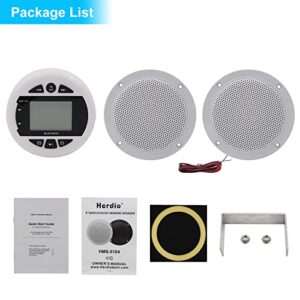 Herdio Marine Radio and Speakers Kit, Marine Gauge Head Unit Compatible with Bluetooth +4 Inch Marine Ceiling Flush Wall Mount Speakers+Rubber Flexible Mast FM AM Antenna(White)