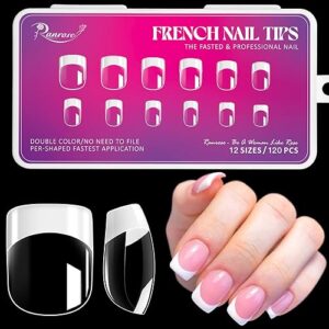 ranrose french nail tips 120pcs short french full cover white clear false nails 12 sizes square nail tips acrylic press on nails with box for nails tips art