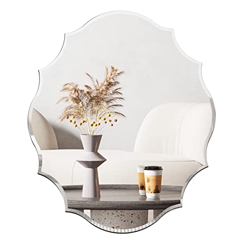 Muzilife 22x28 Scalloped Oval Wall Mirror Beveled Frameless Mirror Silver Wall Mirror with MDF Backplane for Bathroom, Vanity, Bedroom or Any Other Room in Your Home