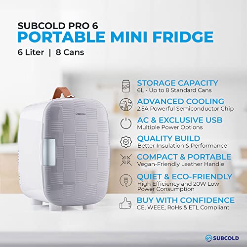 Subcold Pro6 Luxury Mini Fridge Cooler 6 Litre / 8 Cans AC & Exclusive USB Power Option Small Portable Fridge For The Office, Bedroom, Car, Skincare & Cosmetics Chequer Grey