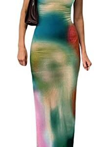 Argeousgor Women Y2k Tie Dye Tank Dress Sleeveless Bodycon Long Dresses Printed Slim Fit Short Dress Trendy Summer Sundress