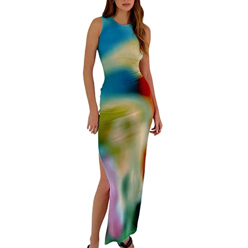 Argeousgor Women Y2k Tie Dye Tank Dress Sleeveless Bodycon Long Dresses Printed Slim Fit Short Dress Trendy Summer Sundress