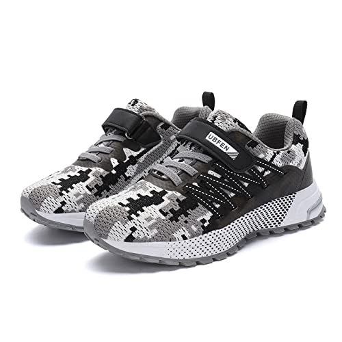 KUBUA Kids Sneakers for Boys Girls Running Tennis Shoes Lightweight Breathable Sport Athletic Camouflage Grey