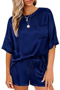 swomog womens satin pajamas sets solid short sleeve t-shirt tops with shorts sleepwear summer pjs loungewear navy blue