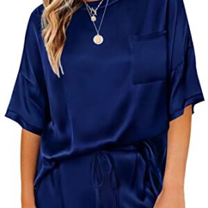 SWOMOG Womens Satin Pajamas Sets Solid Short Sleeve T-Shirt Tops with Shorts Sleepwear Summer Pjs Loungewear Navy Blue