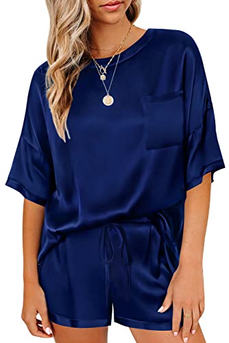 SWOMOG Womens Satin Pajamas Sets Solid Short Sleeve T-Shirt Tops with Shorts Sleepwear Summer Pjs Loungewear Navy Blue