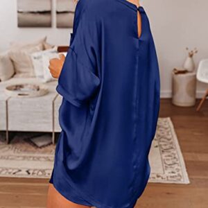 SWOMOG Womens Satin Pajamas Sets Solid Short Sleeve T-Shirt Tops with Shorts Sleepwear Summer Pjs Loungewear Navy Blue