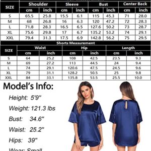 SWOMOG Womens Satin Pajamas Sets Solid Short Sleeve T-Shirt Tops with Shorts Sleepwear Summer Pjs Loungewear Navy Blue